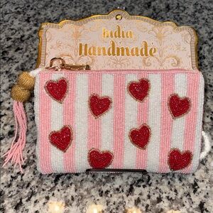 Beaded Pink and White Beaded Heart Pouch